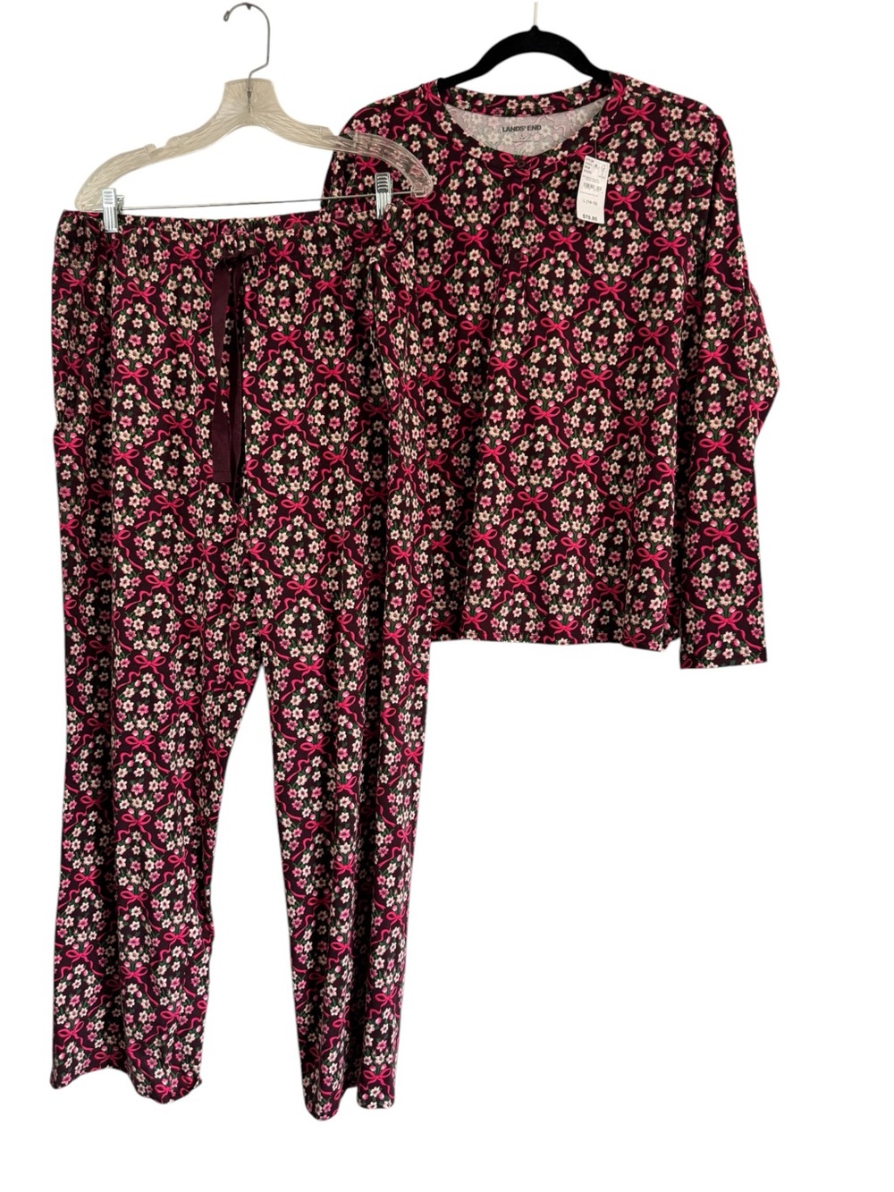 Lands' End long-sleeve pajama set floral pink bow print burgundy cotton Lg NEW